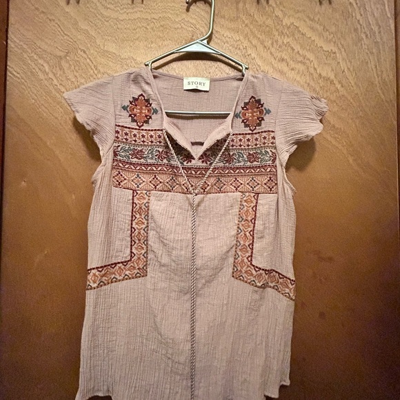 Story Tops - Story Women's Embroidered Tan Blouse